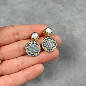 Freida Rothman Mother of Pearl Pave Disc Drop Earrings 14K Gold over Sterling